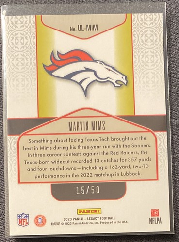 2023 Panini Legacy RUBY UNDER THE LIGHTS SSP #UL-MIM MARVIN MIMS #'D /50 RC - Bild 2 von 2