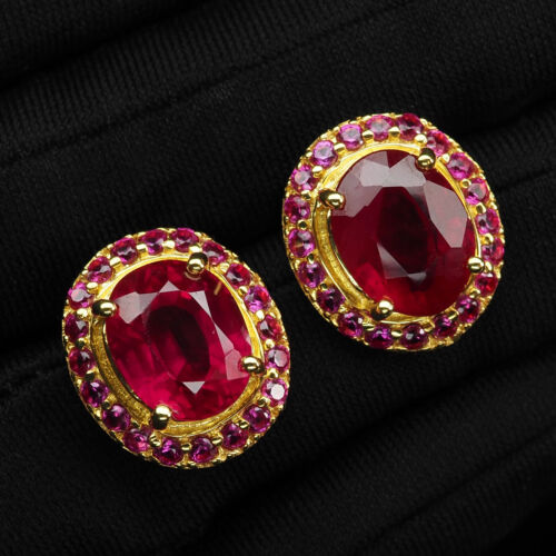 Ravishing Blood Red Ruby 11.70Ct 925 Sterling Silver 24K Gold Plated Earrings - Picture 2 of 5