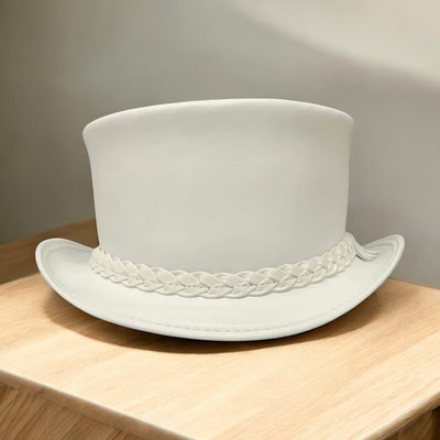 White Leather Top Hat for Men Women - Classic Formal Wedding Costume Party Hat