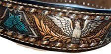 Brushy Creek Leather Belt Tooled Western Silver Eagles Turquoise Acorns 36 USA