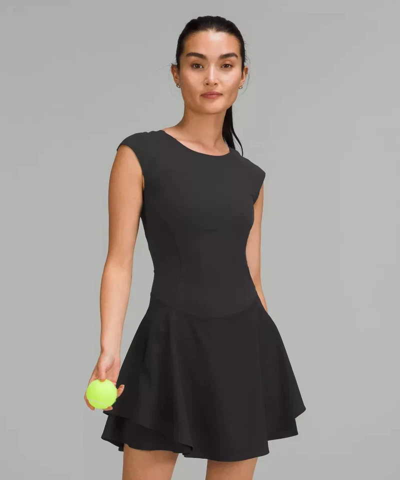 LULULEMON Black Everlux Perforated Mesh-Back Tennis Dress 6 = S Logo Dance Gym - Image 3 of 4