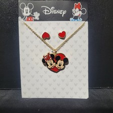 Disney Mickey Minnie Mouse Girls 16" Necklace Earring Set Kids Gold Tone