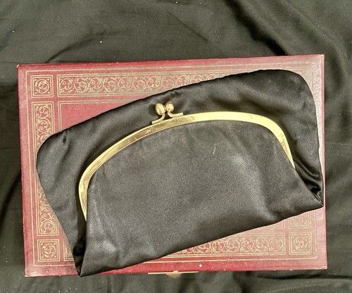 Vtg 40s/50s Mel-Ton Black Foldover Clutch Gold Tone Hardware Satin Lining
