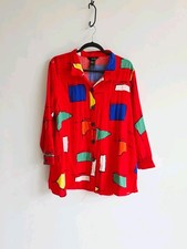 Ali Miles Red and Blue Abstract Paint Art To Wear Button Up Shirt Women's Size L