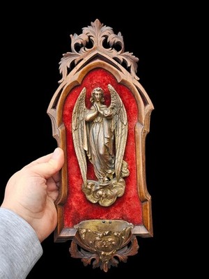 Antique French bronze & wood carved archangel holy water font religious plaque