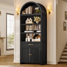 84.6" Tall Arched Bookcase 6-Tier with Drawer Storage Adjustable Shelves Black