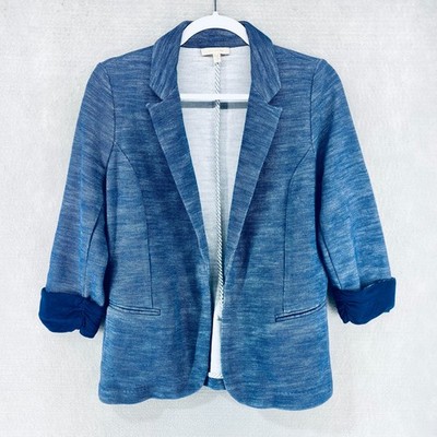 Skies are Blue Blazer Womens M Blue Cotton Blend 3/4 Sleeve Open Jacket Career