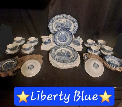 Liberty Blue Ceramic Dinner Set, Blue & White Plates Cups Saucers Creamer Sugar