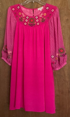 Umgee USA  Boho Embroidered Long Sleeve Hot Pink Floral Peasant Shift  Dress L
