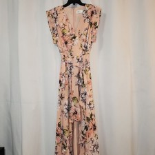 Eliza J Peach Floral High Low Wrap Dress Flutter Sleeve Belted