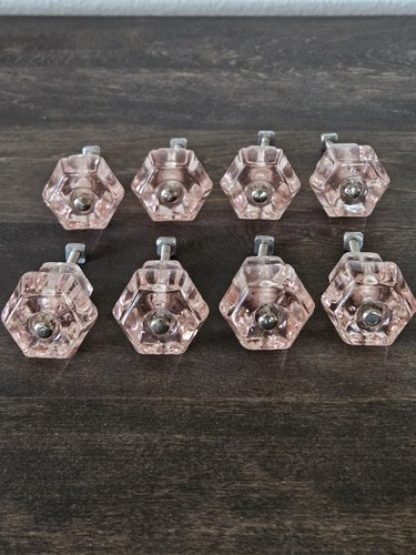 Lot Of 8 Light Pink Clear Crystal Glass Cabinet Drawer Pull Knobs with Hardware