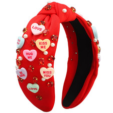 Valentines Day Headband for Women Red Love Heart Crystal Knotted Hairbands Jewel