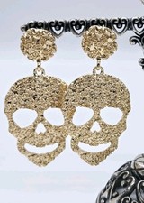 Skull Earrings Gold Tone Nugget Style Pierced Dangle Drop 2.75 in