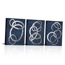  Set of 3 Modern Abstract Blue and Silver Circle Canvas Prints Contemporary 