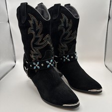 Vtg Dingo Boots Womens 7.5 Suede Leather Chain Western Black Turqouise NOS Read