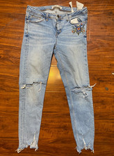 Zara Basic Floral Embroidered Stretch Skinny Jeans LT  Blue Wash Distressed SZ 8