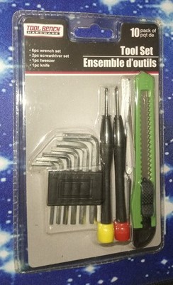 Tool Bench 10pk Tool Set/Allen Wrenches/Mini Screwdrivers/Tweezers/Utility Knife