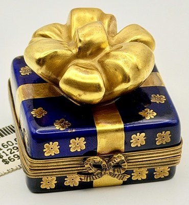 Limoges France Peint Main Trinket Box Cobalt Blue Gold Bow Present Gift