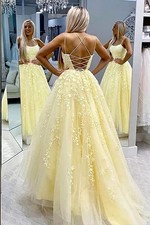 Women's Spaghetti Strap Lace Appliques Tulle A Line Formal Party Evening Gowns