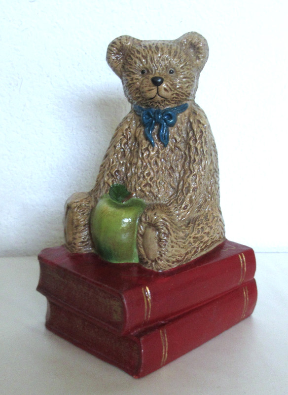 Teddy Bear Cast Iron Doorstop Sitting on Books, Holding Apple