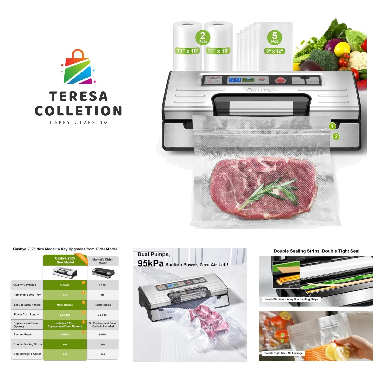 Vacuum Sealer Machine, 95kPa Food Sealer with Double Heat Seal for Dry/Moist ...