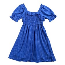 Indigo Rose Smocked Puff Sleeve Mini Dress Cottagecore Clip Dot Blue PS