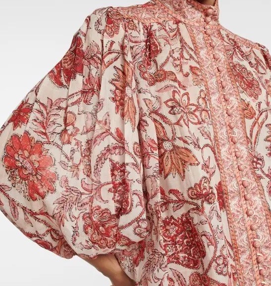 ZIMMERMANN "Vitali Yoke” 100% Ramie 3/4Sleeve Blouse In Sepia Floral Size 1/UK10