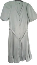 Ladies Pale Green Textured V Neck Short Puff Sleeve Button Down Dress Size 12/14