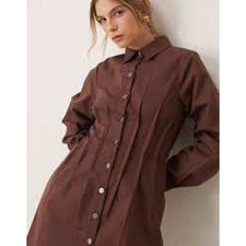ASOS DESIGN Women Brown Corset Waist Button Down Mini Shirt Dress US 4 NEW
