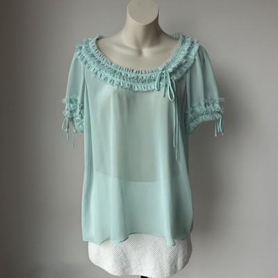 Review Women s 10 Aqua Blue Sheer Ruffle Short Sleeve Bow Detail Blouse Top
