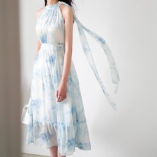 Womens Fairy New Sky Blue Chiffon Ruffle Sleeveless Hanging Neck Dress A-line