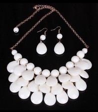 Gold Toned White Acrylic Beads Multi Layer Necklace And Earring Set Pierced