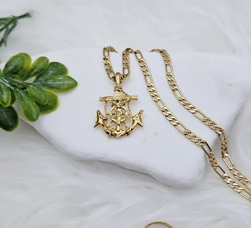 Ciondolo Crocifisso Ancora Oro con Catena Figaro Tonda 4mm, Oro Placcato Pesante 14k - Foto 3 di 12