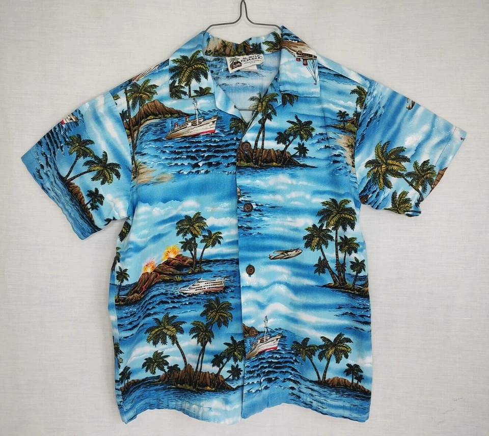 Aloha Republic Hawaiian Shirt Boys Kids Sz 5 Volcano Ships Planes Blue Button Up - Image 3 of 4