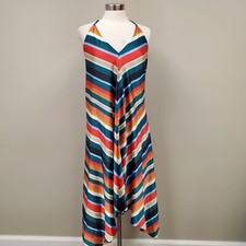 Lulus Colorful Striped Open Back V Neck  Sexy Halter Midi Dress Sz M NWT