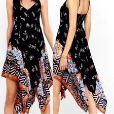 Express dainty smocked flowy boho black floral chevron high low dress Small