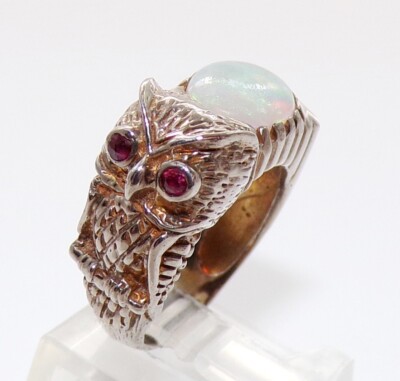 Sterling Silber natürlicher Opal Eule Rubin Augen Ring Größe 6,5 FZ