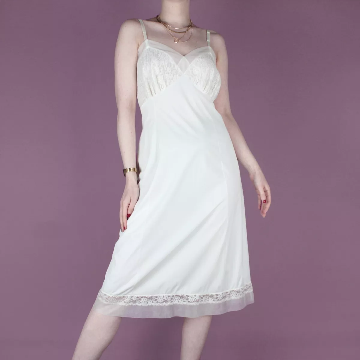 VINTAGE Lace 70s Embroidered Pastel Strap Sheer Ivory White Knee
