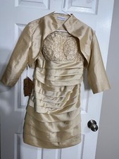 Elegant JJ's House Champagne Strapless Dress with Jacket, Beaded Bodice Size S/M