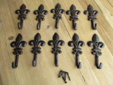 10 Cast Iron Fleur De Lis Coat Hooks Hook Hall Tree Hat Dog Leash Fluer French