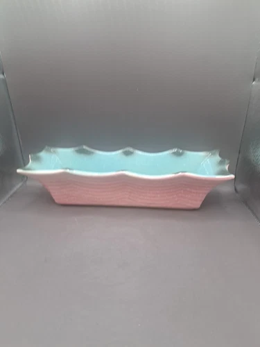 Hull Pottery 82 Pink Ripple Green Blue Rectangle Ruffled Planter 12.5” Vintage