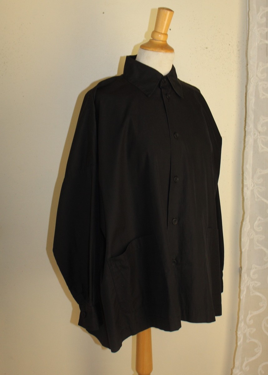Eskandar -Sz 0 Black 100% Cotton Poplin Boxy Pocketed Shirt Jacket