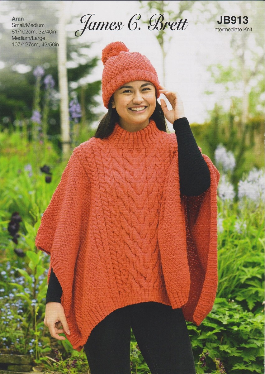 Aran Knitting Pattern Ladies Poncho Womans Matching Hat James Brett JB913