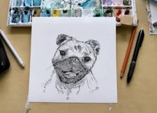 Original Drawing Art Animal Pug Puppy Dog Portrait Ooak Pencil Ink Charcoal NEW