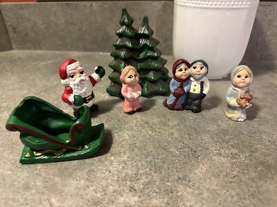 Vintage Ceramic Christmas Village People Town Scene Hand Painted Santa Sleigh