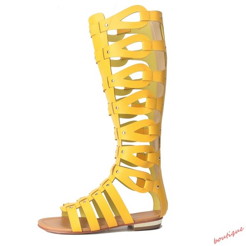Women Gladiator Roman Hollow Out Flat Sandals Knee High Boots Open Toe Zip Shoes - Picture 15 of 19