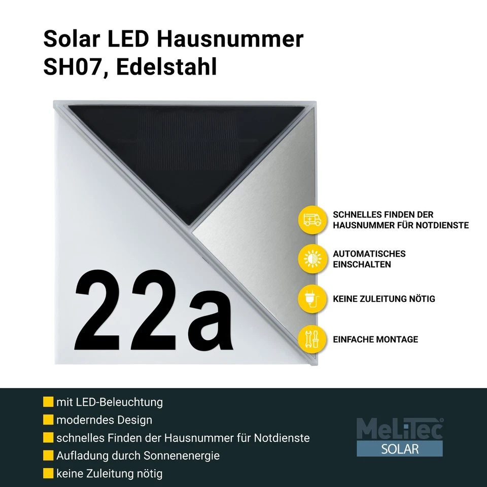 MeLiTec Solar-Hausnummer SH07, Edelstahl, Dämmerungssensor, Hausnummernleuchte - Bild 4 von 4