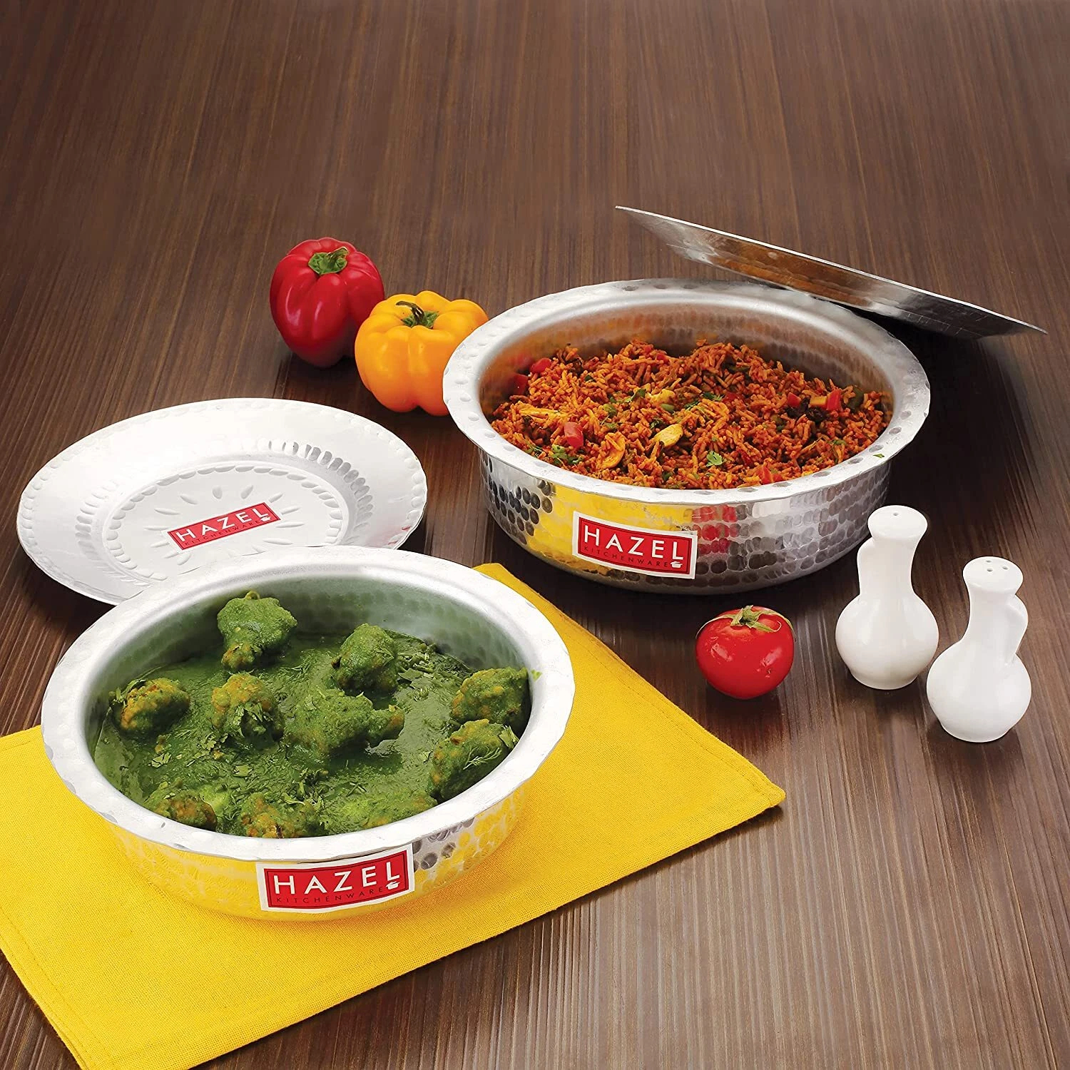 Aluminium Pot with Lid Hammered Finish Round Bottom Boiling Tope Set of 2