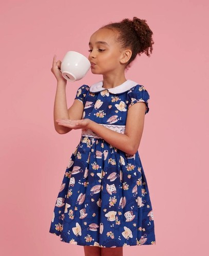 NEW Bonnie Jean Girls Size 4 "NAVY TEACUP PRINT" Smocked Embroidered Dress NWT - Picture 4 of 5