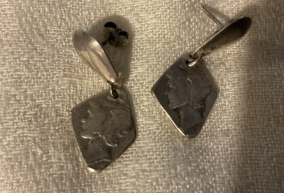 Vintage Handmade Mercury Dime Silver Earrings 1 1/4 Drop